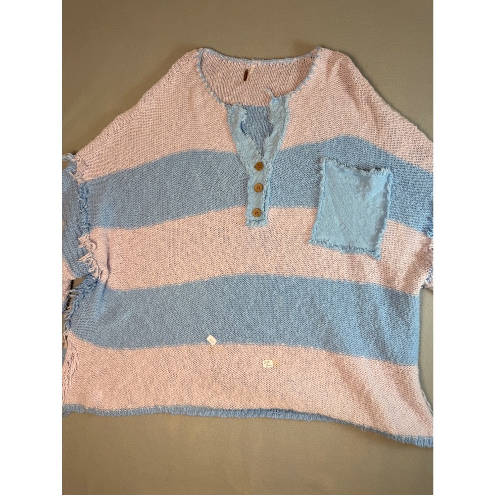 Free People Pink Blue Striped Oversized Henley Knit Sweater Womens Med Boho Flaw